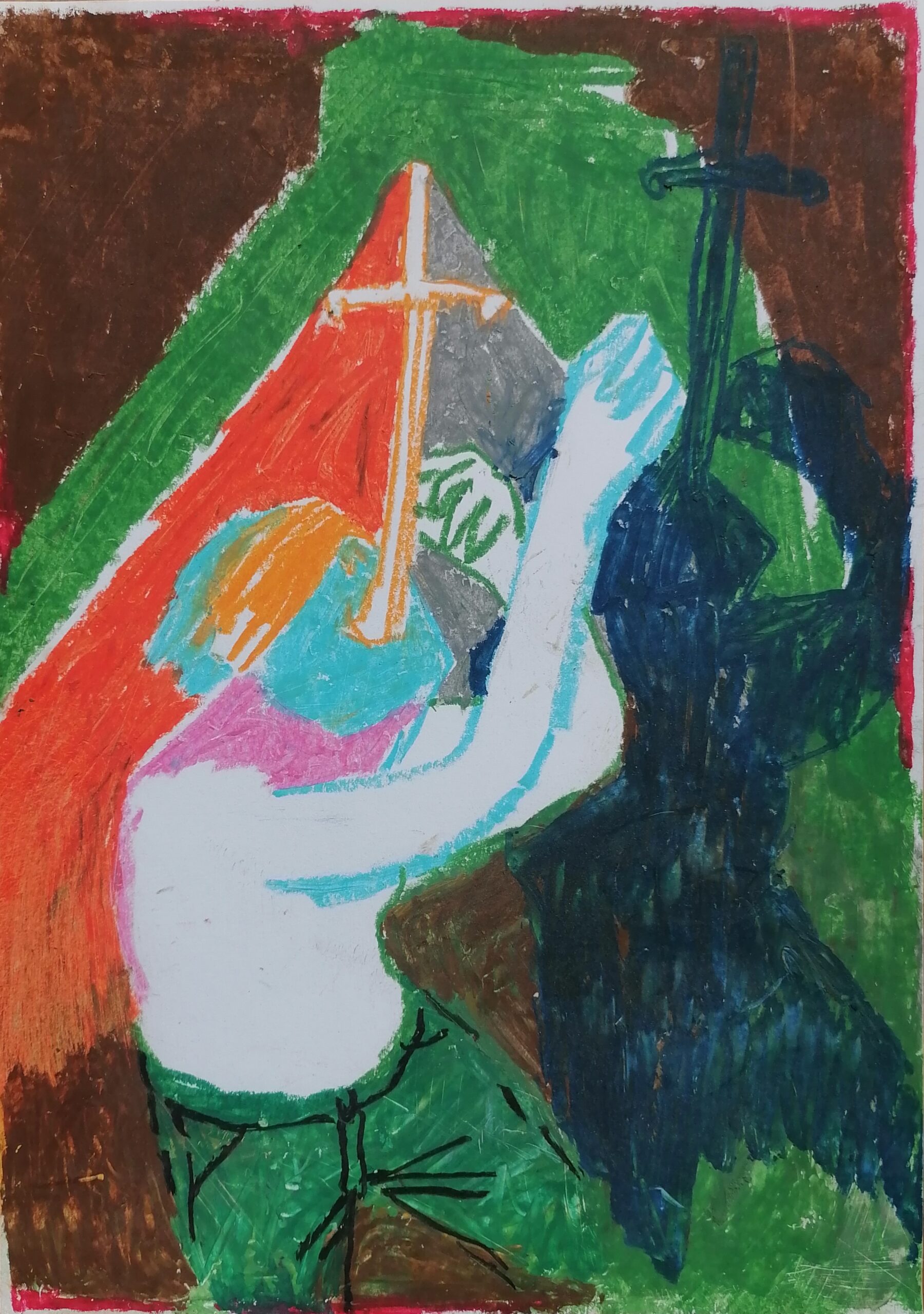 of men & swords vi (2025) oil pastels on paper 21x29,5cm